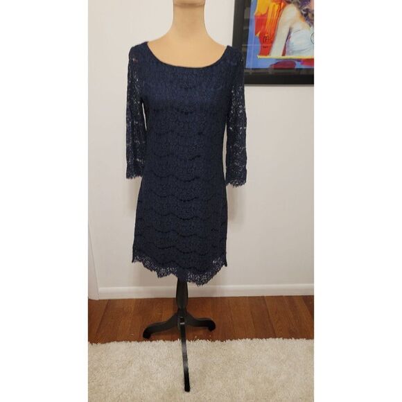 Barney's New York Size 6 Navy Blue Lace Shift Dress - Picture 1 of 10